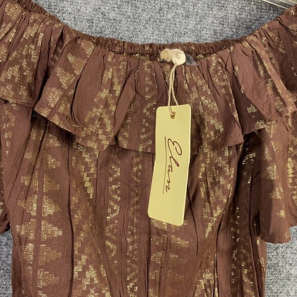 Elan Crop Top Women M Elastic Neck and Hem Short Flare Sleeve Brown Gold - Picture 2 of 11